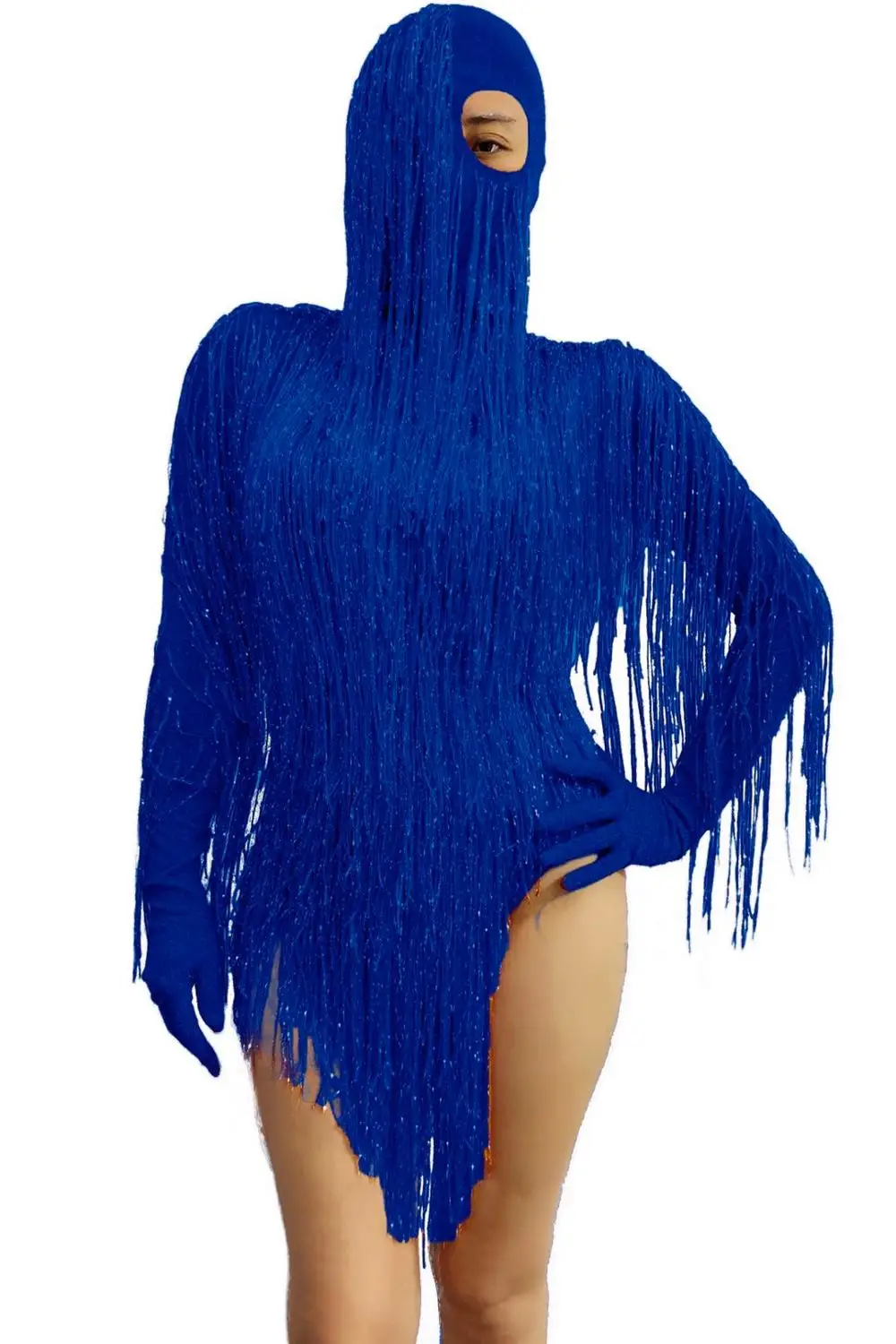 Red Gold Tassel Long Sleeve Elastic Hooded Bodysuit Women Masked Singer Stage Wear Dancer Team Jazz Dance Jumpsuit Sexy Costume