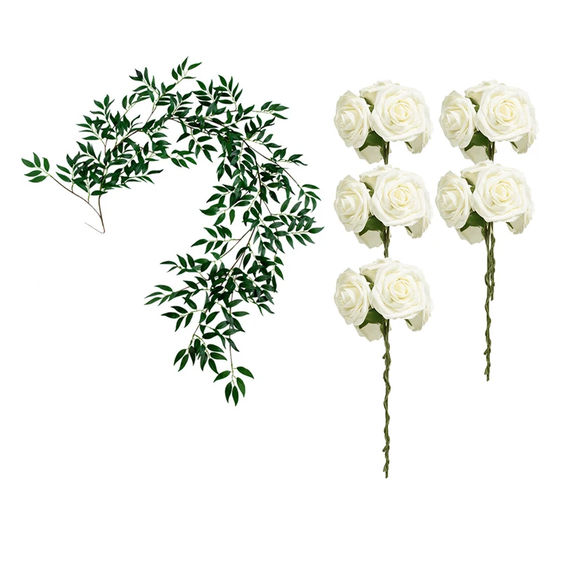 

1X 1.8M Artificial Fake Eucalyptus Willow Leaves Green Plants Simulation Rattan & 25X Roses Artificial Flowers