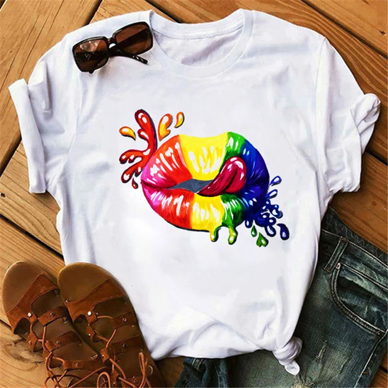 

2021 3d printing Rainbow Lip and Butterfly Femme Tops Harajuku Women Summer Cotton T Shirt for Summer