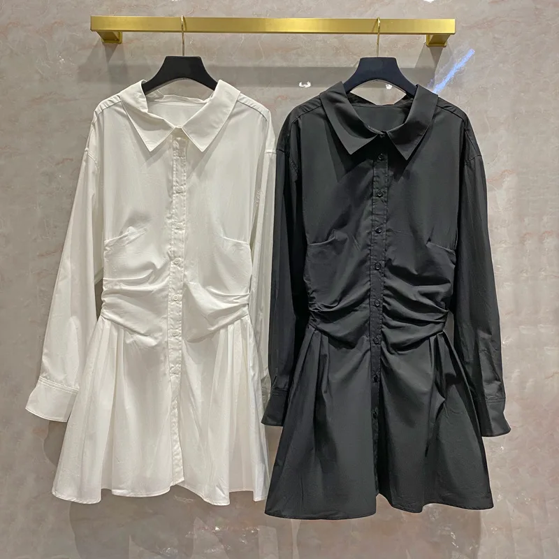 

New Long sleeved corset lined dress women s A line pleated hem waist closing thin Lapel design solid dress