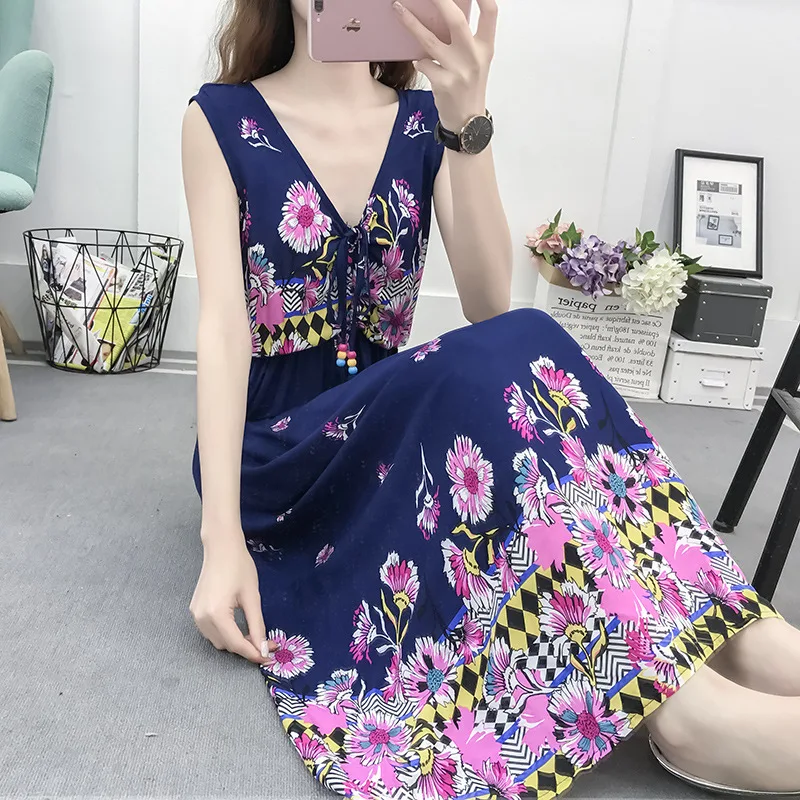 

Women Cotton Printing Dress Summer 2019 V Neck Sleeveless Midi Dress Ladies Plus Size Vestidos Holiday Beachwear Dresses female