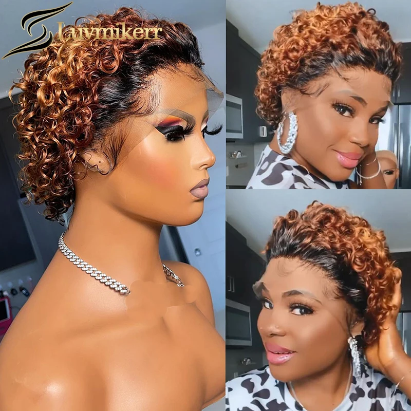 

Curly 613 Blonde 4x4 Lace Closure Wig Pixie Cut Short Bob Ombre Honey Transparent 13x2 Lace Front Human Hair Wigs Pre Plucked