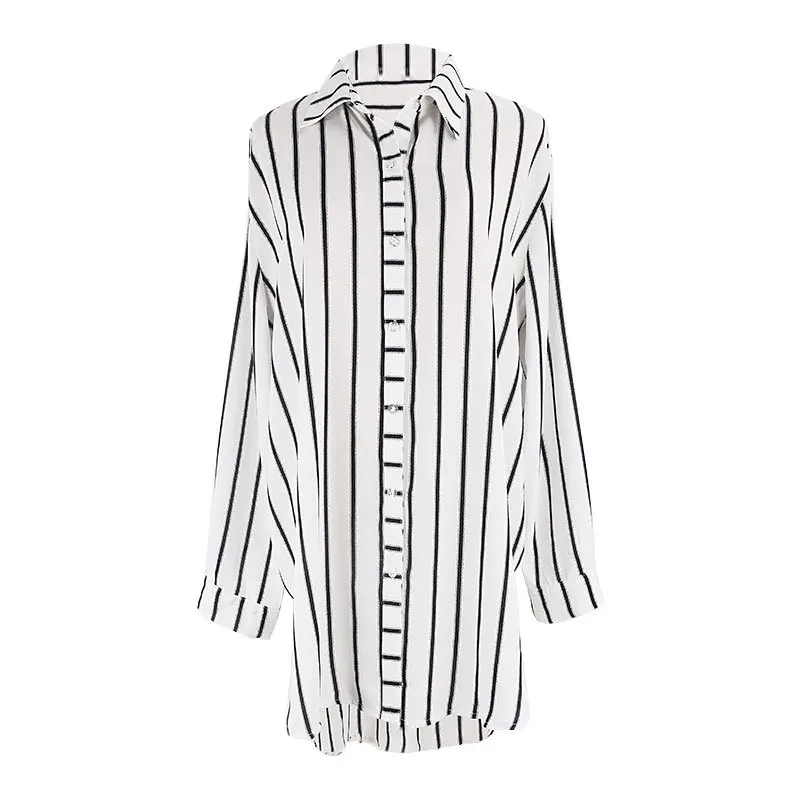 

2021 casual wear autumn and summer black and white striped shirt seaside vacation blouse beachwear bikini jacket shirt