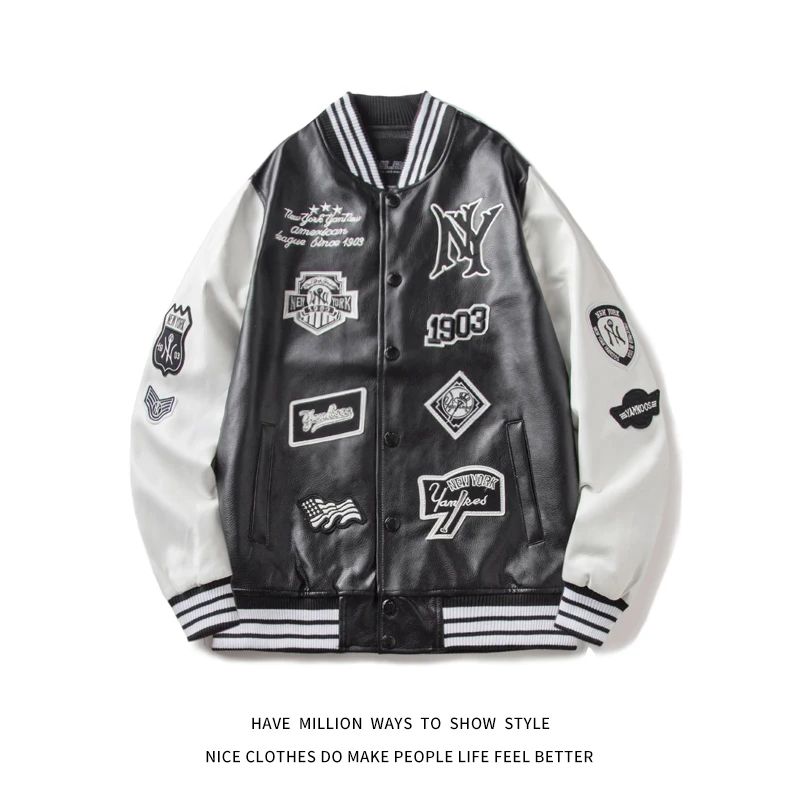 Куртка бомбер MLBNY Байкерская кожаная бейсбольная куртка унисекс с вышивкой на
