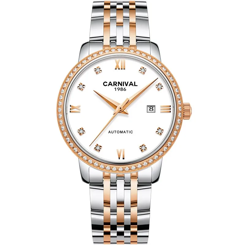 Rose gold white Роскошные золотые часы женские швейцарские карнавальные брендовые механические часы для дам сапфировые водонепроницаемые часы с датой из нержавеющей стали для женщин - Цвет: Rose gold white