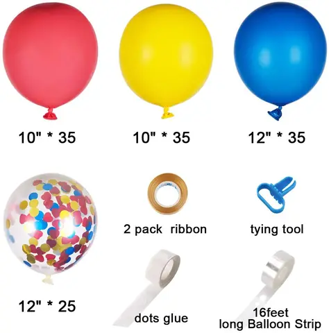 130 штук красных, синих и желтых латексных воздушных шаров с конфетти