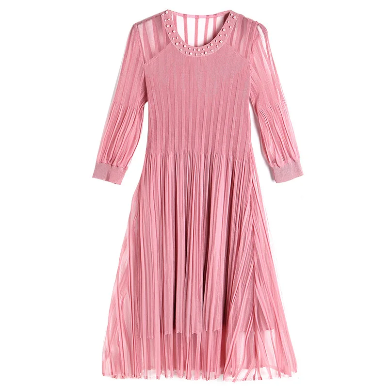 

Pleated Round Neck Beaded Fashion Dress Pleated Mesh Lantern Sleeve