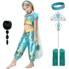 Костюм для косплея жасмин для девочек, детская юбка принцессы, костюмы Аладина, ожерелье, корона, серьги, костюм, платья на Хэллоуин, жасминовый парик