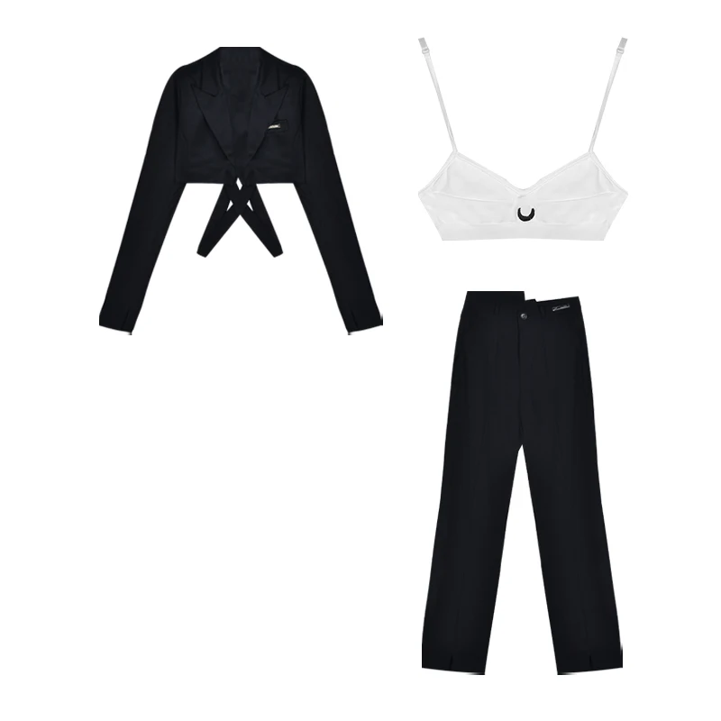 

Design Sense Short Small Suit Coat Women Autumn Thin Street Suit Black Top Fashion Sexy Lady Girl Pant Suit