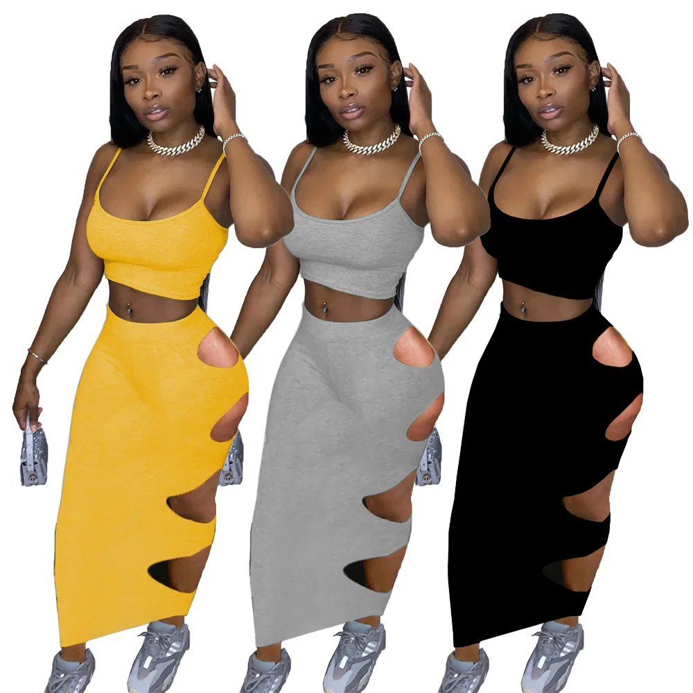 

Women Set Solid Spaghetti Strap Crop Top Sheath Elastic Hole Ankle-length Skirts 2 Piece Set Female Summer Casual Outfit