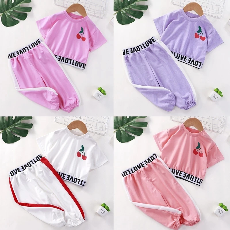 

Girls' Short-sleeved Suit Children's Leaking Belly Button Summer Clothes Pink Casual Outits Baby 8 Years Old Cute Tops&Pants Set