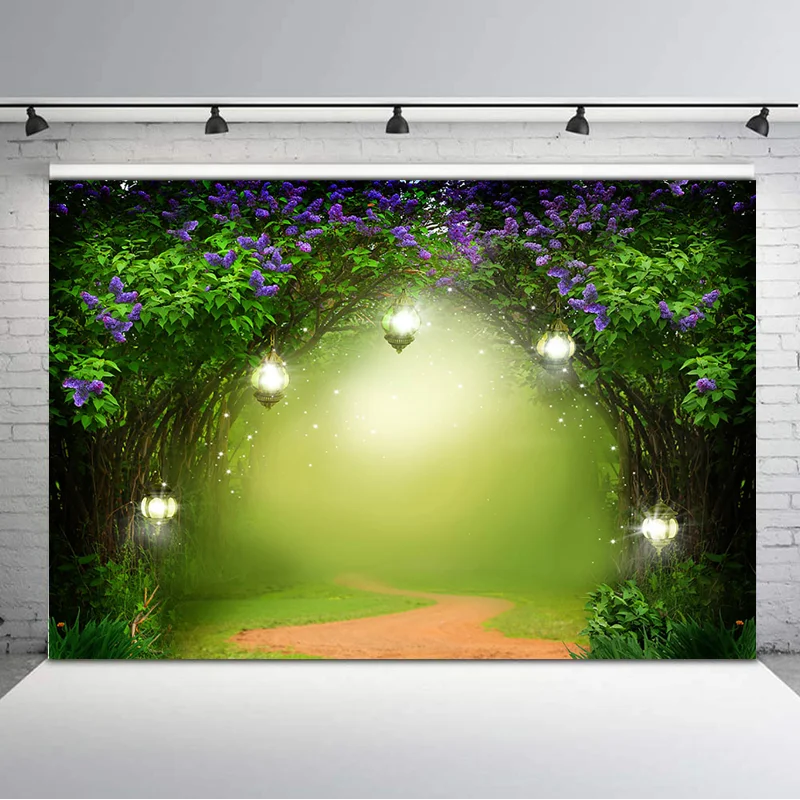 

Spring Fairy Forest Backdrop Purple Flower Jungle Photography Backdrops Wedding Birthday Backgrounds for Photo Studio
