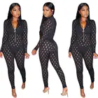 Женские однотонные кружевные комбинезоны, сексуальные женские комбинезоны на молнии с V-образным вырезом и длинным рукавом, ажурные Комбинезоны-карандаш, Новинка осени 2020