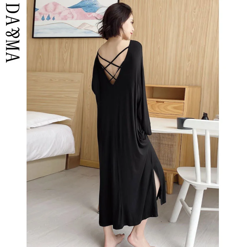 

Пикантная Ночная рубашка большого размера с открытой спиной и длинными рукавами для женщин на весну и осень черное платье из модала пижама ...