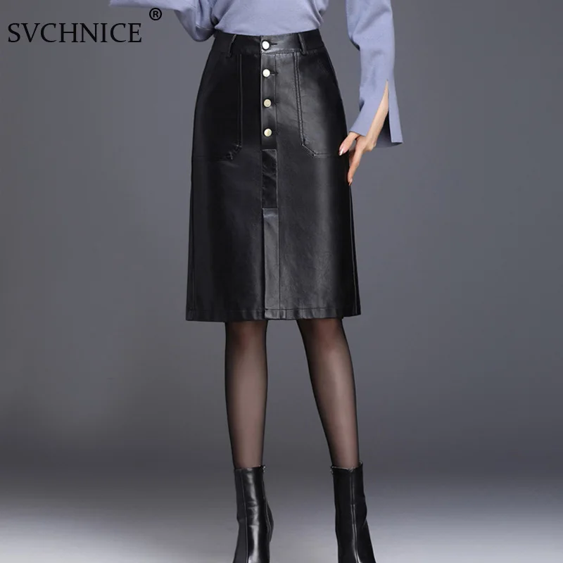 Женская офисная юбка до колен черная красная из искусственной кожи модель 4XL на