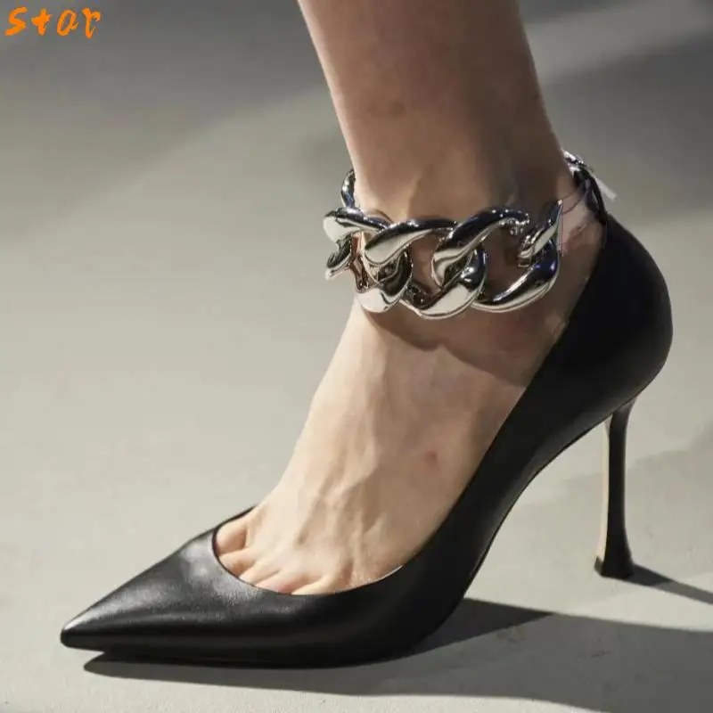 

2021womens High Heels Chain Gold Black Shoes Comfortable Leather Pumps Stiletto Daily Casual Bussiness Sexy Women's Single Shoes