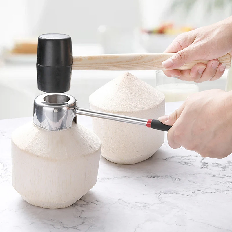 

Stainless Steel Opener Coconut Meat Tool Wooden Handle Rubber Hammer Durable