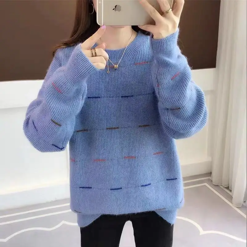 

2021 осенне-зимний новый хлопковый свитер женский свободный свитер с круглым вырезом в Корейском стиле