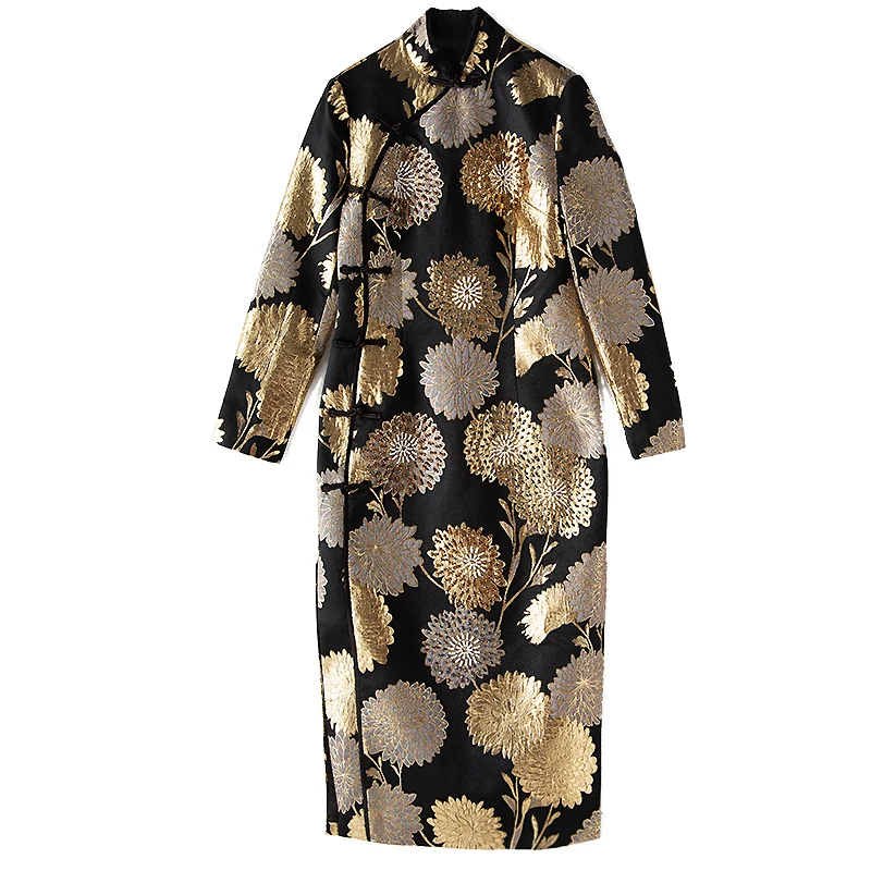 

Brand High Quality Chinese Dress Women Luxurious Hand Made Beading Embroidery Long Sleeve Party Midi Dress Vintage Retro Femme