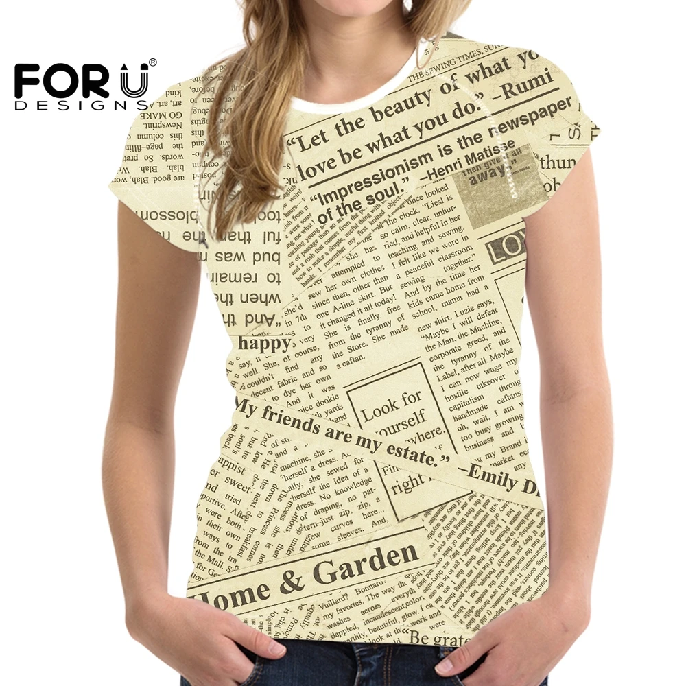 FORUDESIGNS/футболка с короткими рукавами для женщин 2019 газетный рисунок творчества