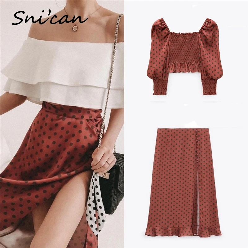 

Snican Polka Dots Print Satin High Split Skirt Fashion Buttons Ruffle Faldas Za Women 2021 Fashion Summer Jupe Longue Femme New