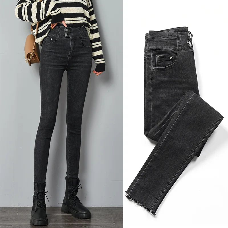 

Best-selling Women's Jeans Tight-fitting and Thin High-waisted Pencil Trousers Double Button Outer Wear Pants