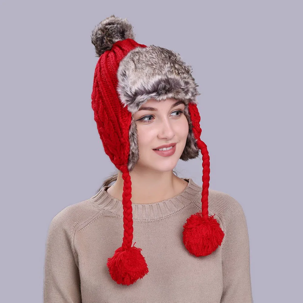 Теплая женская зимняя шапка с ушками Снежная Лыжная Толстая Вязаная Шерстяная Круглая Шапочка шапка Повседневная Уличная шапка-бомбер
