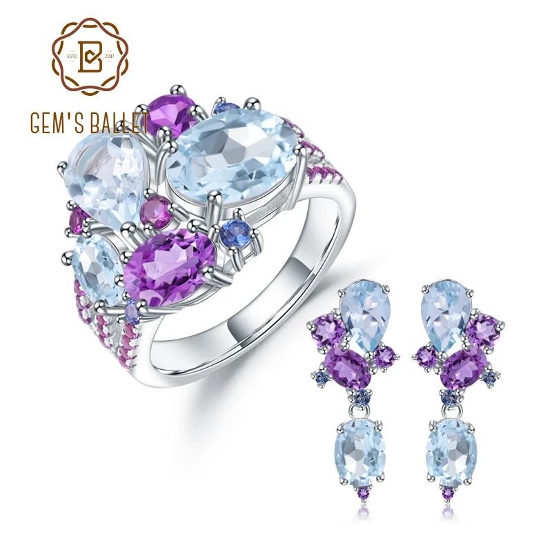 GEM'S BALLE Роскошные серьги кольца из натурального топаза и аметиста серебро 925