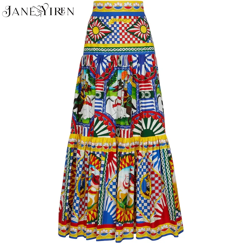 Janeyiren Fashion Runway Autumn Skirts Women High waist Retro Warrior Totem Printed Midi Skirts