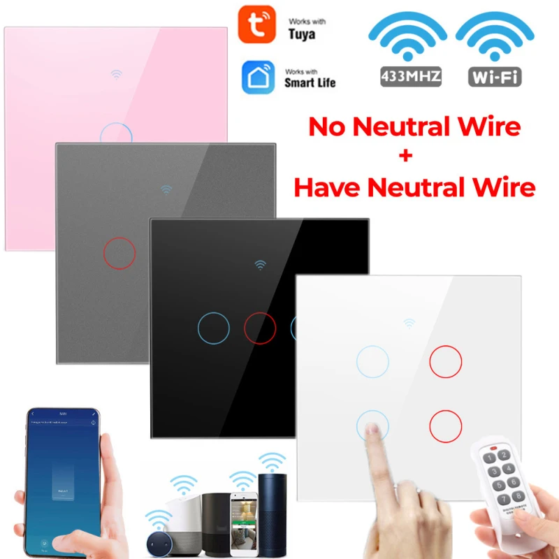 

Smart Wifi Touch Switch No Neutral Wire Required Smart Home 1/2/3/4 Gang Light Switch 220V Support Alexa Tuya App 433RF Remote