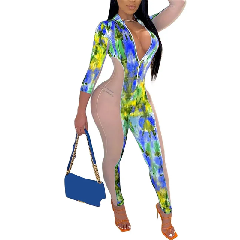 

CHRONSTYLE Tie Dye Print Mesh Patchwork Jumpsuit Rompers 2020 New Sexy Women V-neck Front Zipper Three Quarter Sleeve One-pieces