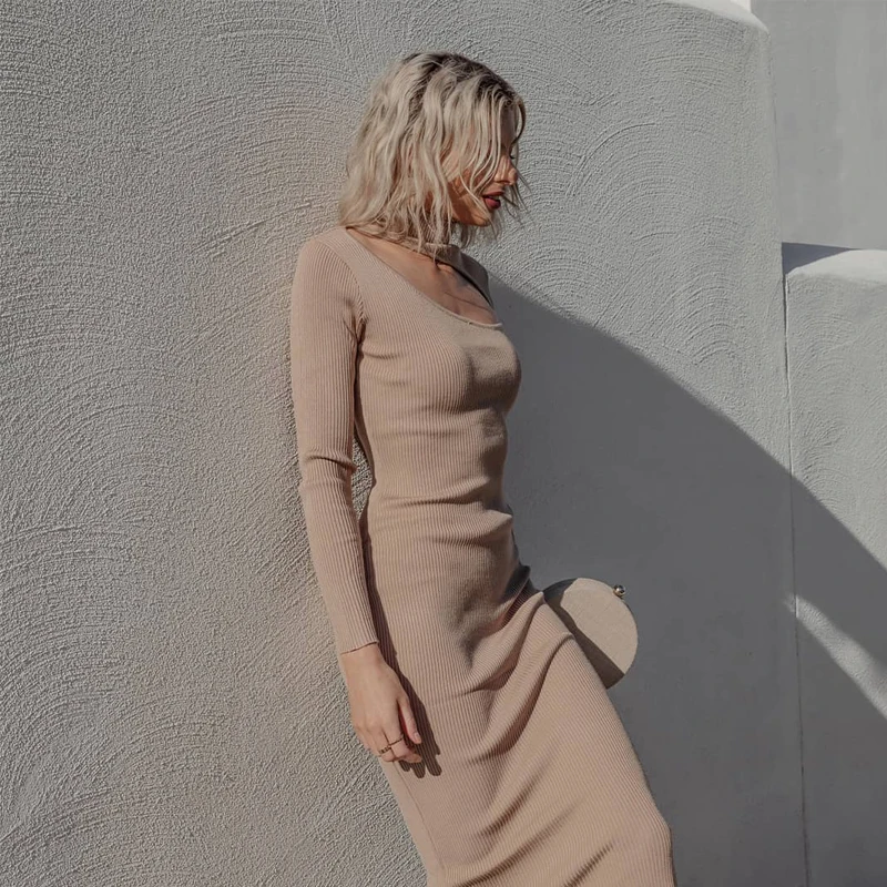 

Women Sexy Hollow Out Midi Dress Turtleneck Solid Color Khaki Knitted Bodycon Dress Night Club Party New Trending Women's Dress