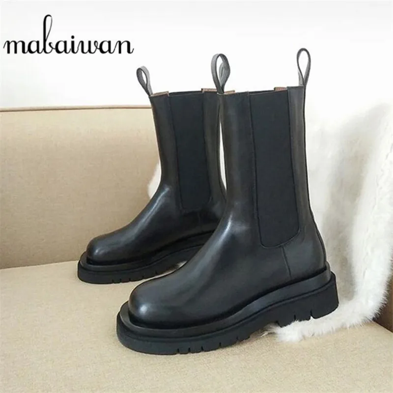 

Brand Genuine Leather Chelsea Ankle Boots Women Platform Thick Sole Shoes Women British Style Elastic Band Knight Short Boots