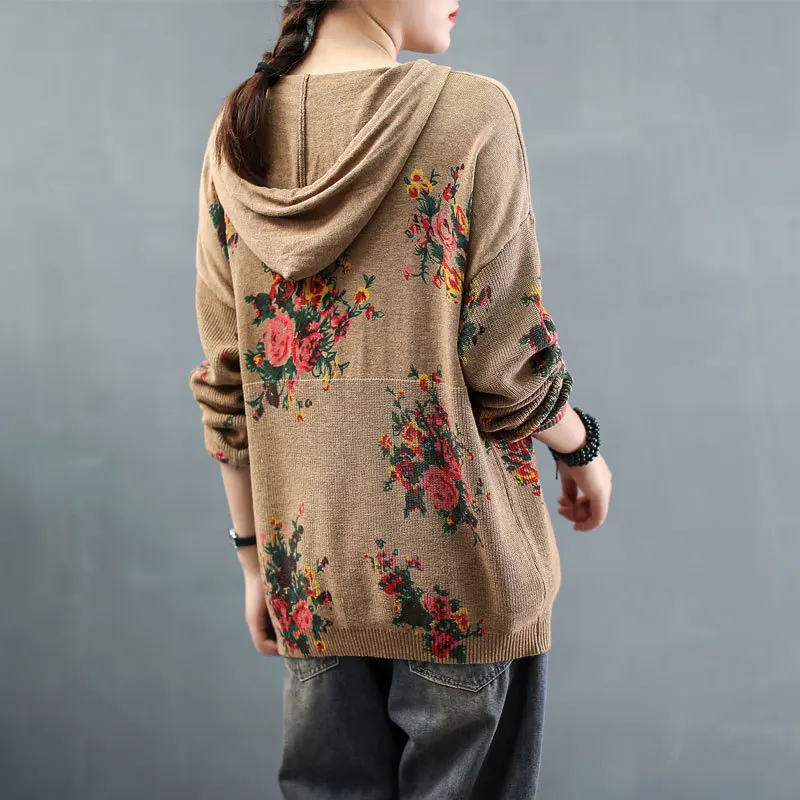 Женский вязаный свитер Max LuLu в китайском стиле с цветочным принтом капюшоном