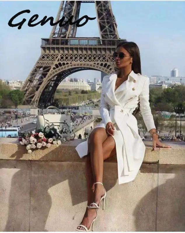 

Genuo New Office Ladies Double Breasted White Trench Coat Sashes Slim Long Trench Female Vintage Winter Trench Dress For Women