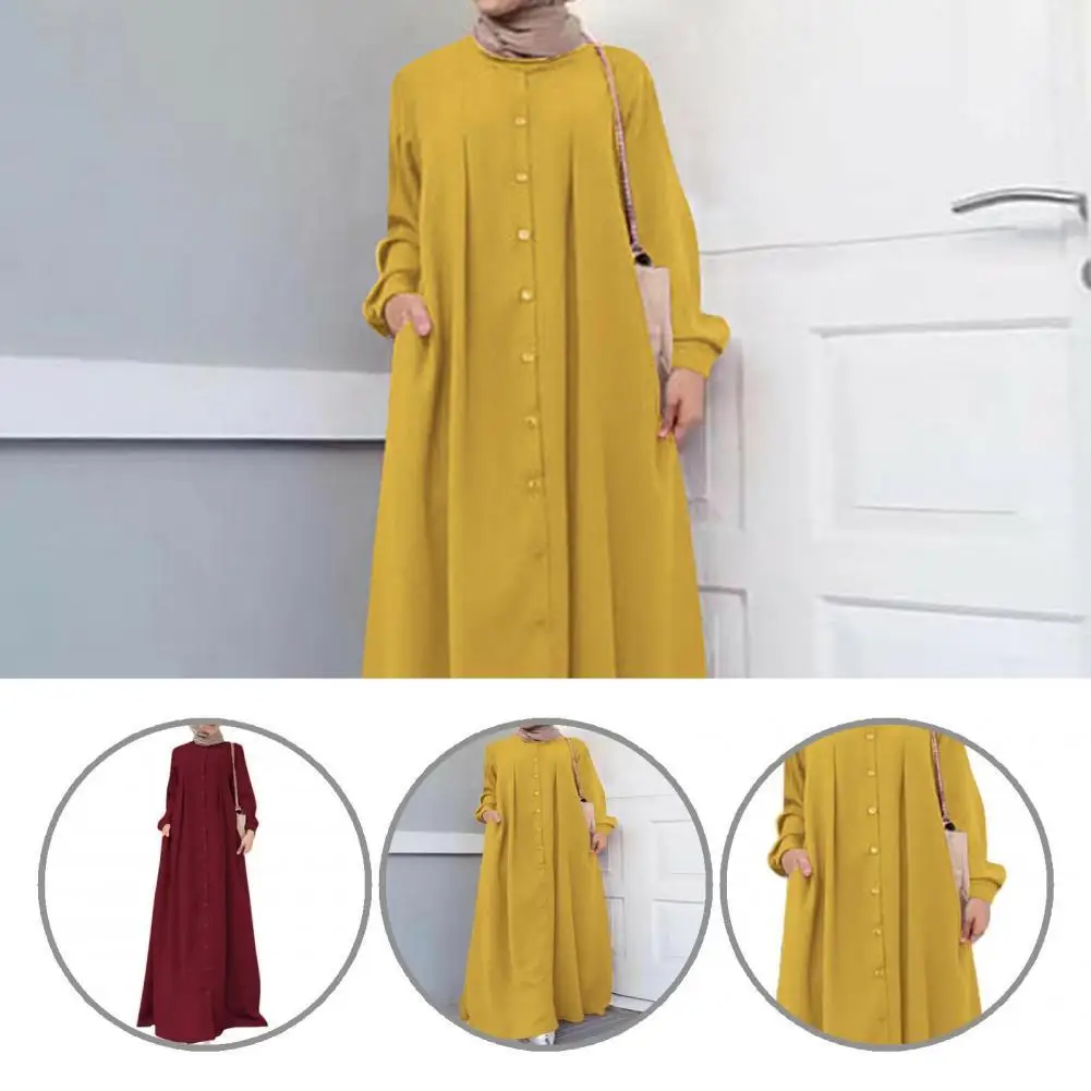 

Solid Color Women Accessory Round Neck Long Sleeve Loose Long Dress for Holiday