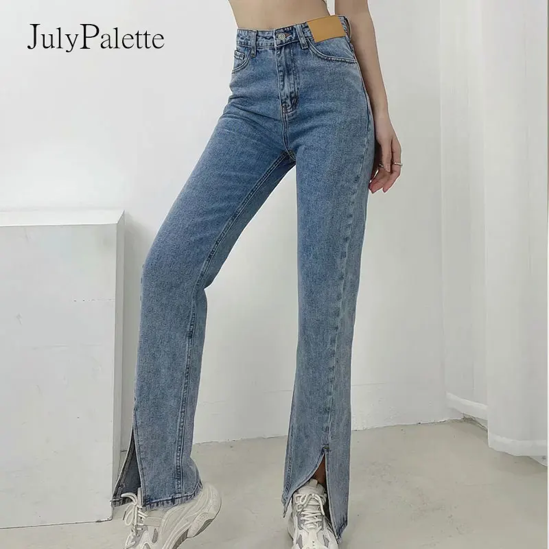 

Джинсы Julypalette женские с разрезом, однотонные модные брюки-клеш из денима с завышенной талией, повседневные узкие брюки из денима, летние
