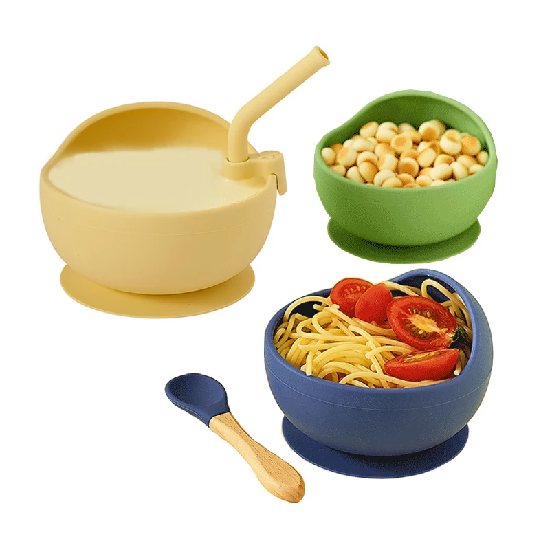 

Food Grade Silicone Baby Feeding Bowl Suction Non-Slip Tableware Infant Waterproof Spoon Straw Set Kids Dishes Plate BPA Free