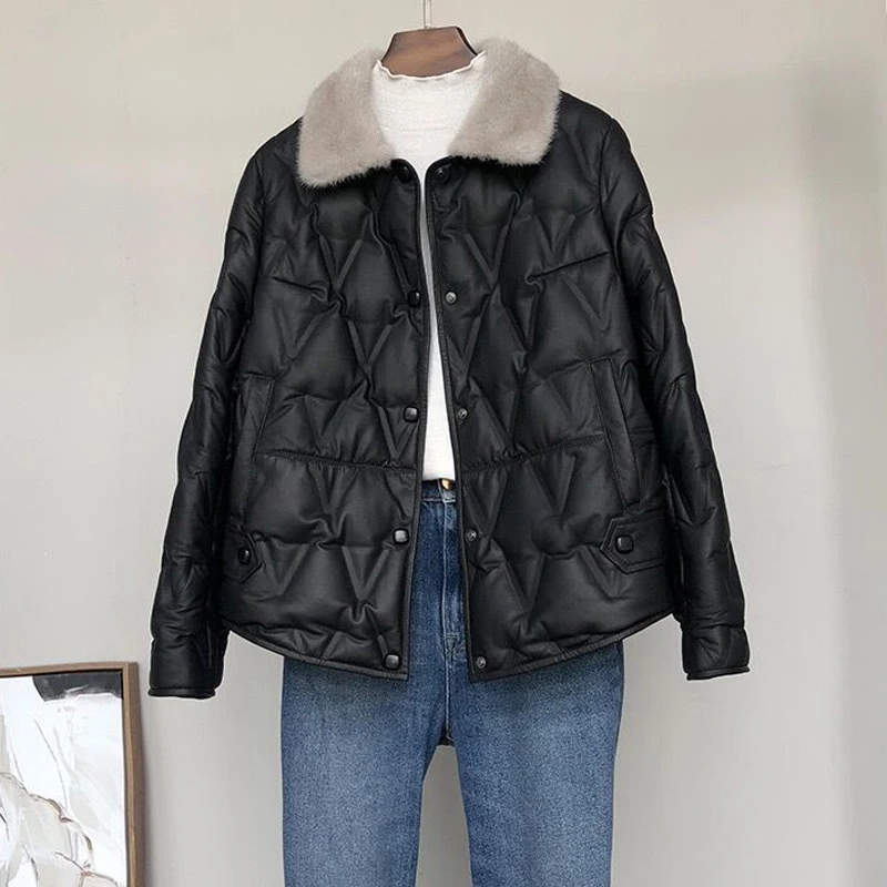 

Женский пуховик из натуральной кожи, короткое пальто из натуральной овечьей шкуры с меховым воротником, зима 2021