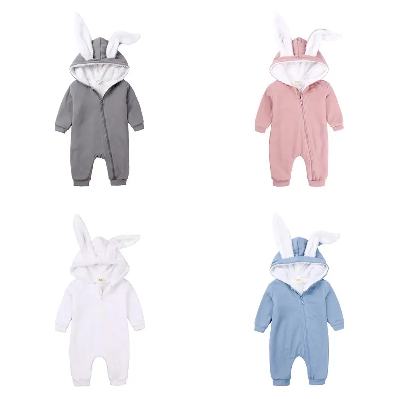 Elvesnest Детский комбинезон для девочек плотный бархатный с капюшоном и заячьими