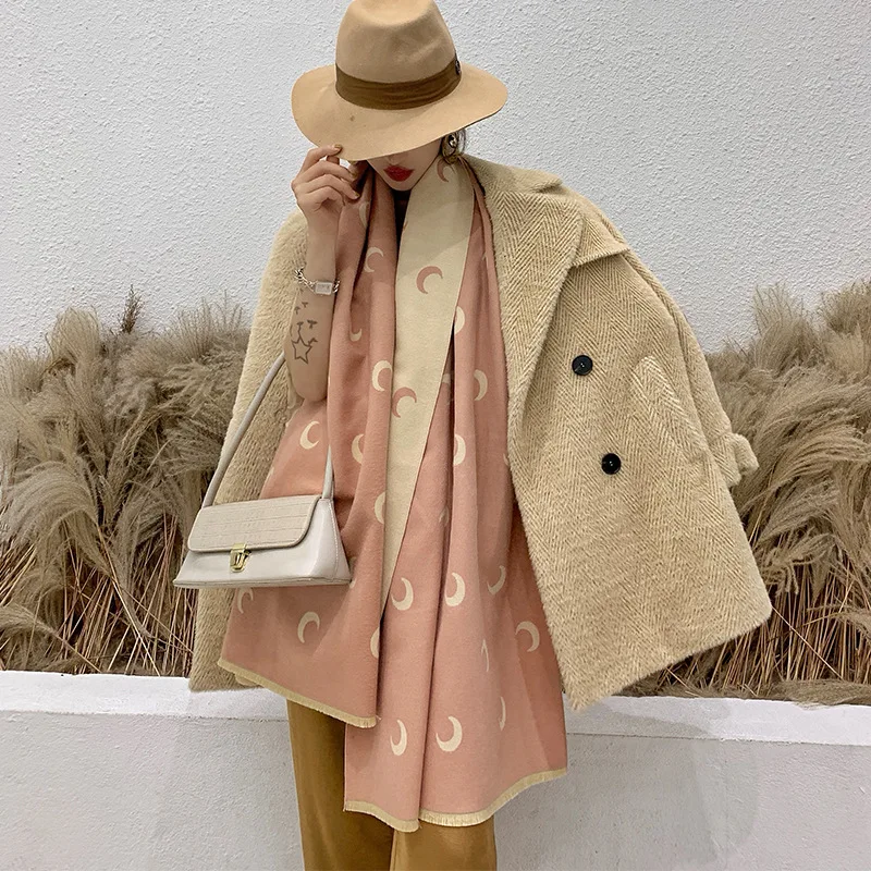 

2020 Lovely Print Pink Women Tippet Scarf Winter Warm Blends wool Shawl Stole Female Poncho Women