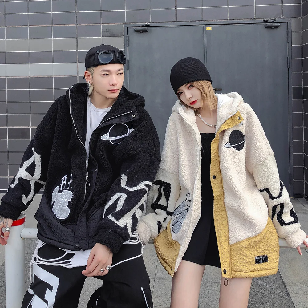 

Aolamegs Patchwork Color Letter Patch Lambswool Zipper Coats Baggy Casual Hooded Winter Jacket Men High Street Couple Streetwear