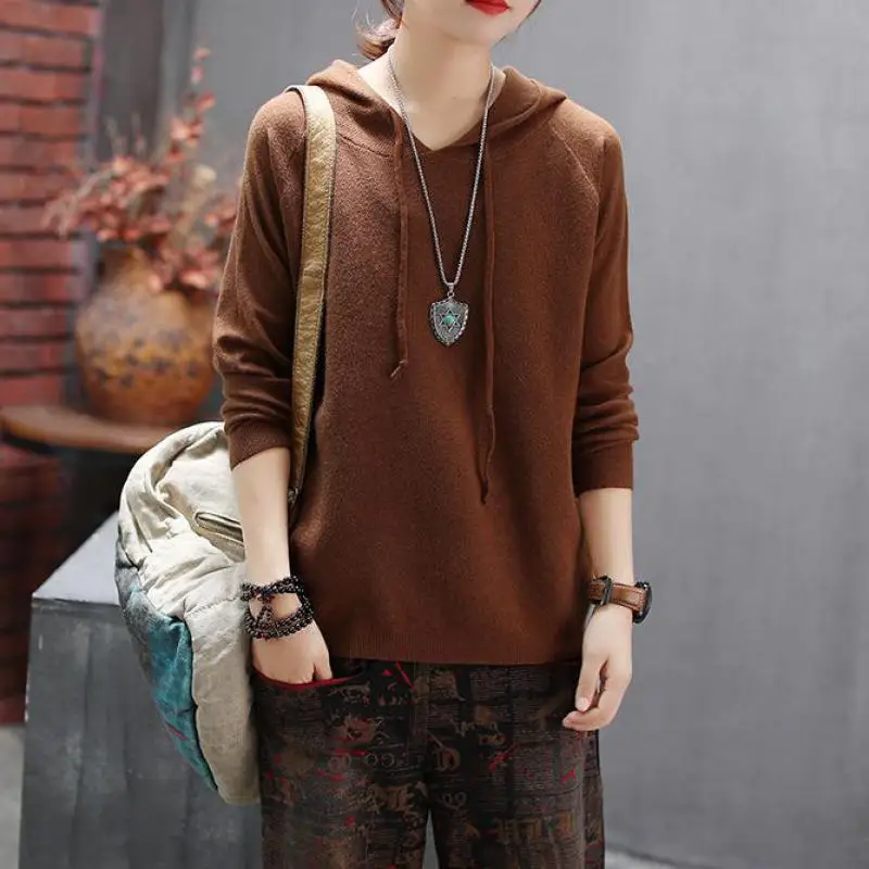 Johnature Pullovers Sweater Women Clothes 2019 New Autumn Hooded Casual Full Sleeve Knitted Solid Color All-match | Женская одежда