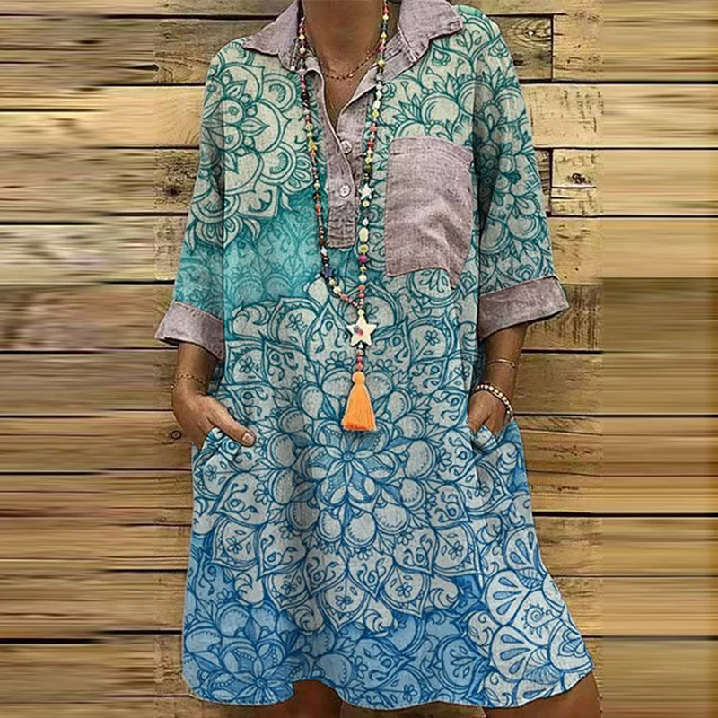 

Fashion Turn-Down Collar Pocket Mini Dresses Women Vintage Geometry Print Party Dress Ladies Casual Quarter Sleeve Button Dress
