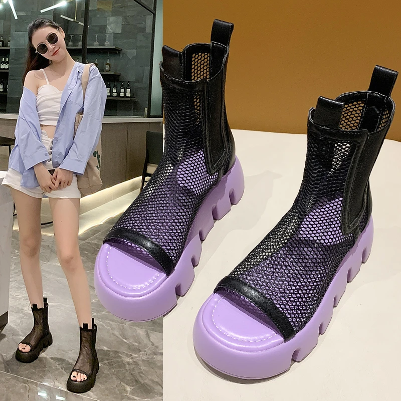

Breathable mesh thick-heeled short boots women spring/summer 2021 leather thick-soled hollow Martin boots sandals sandals