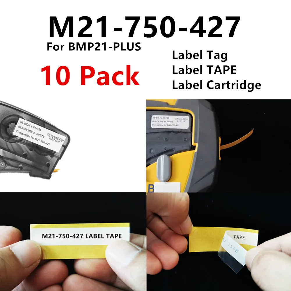 10PK M21 750 427 Vinyl Maker Label TAPE Ribbon Cartridge Black On White Compatible Use BMP21-PLUS,BMP21-LAB,IDPAL Printer 0.75