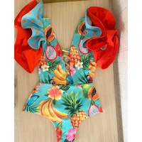 2021 new sexy v neck lace one piece swimsuit ruffle swimwear women bandage bathing suit beachwear print monokini swim