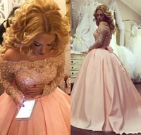 2019 pink vintage quinceanera dresses ball gown off the shoulder lace crystal beaded long sleeves vestidos de 15 boat neck
