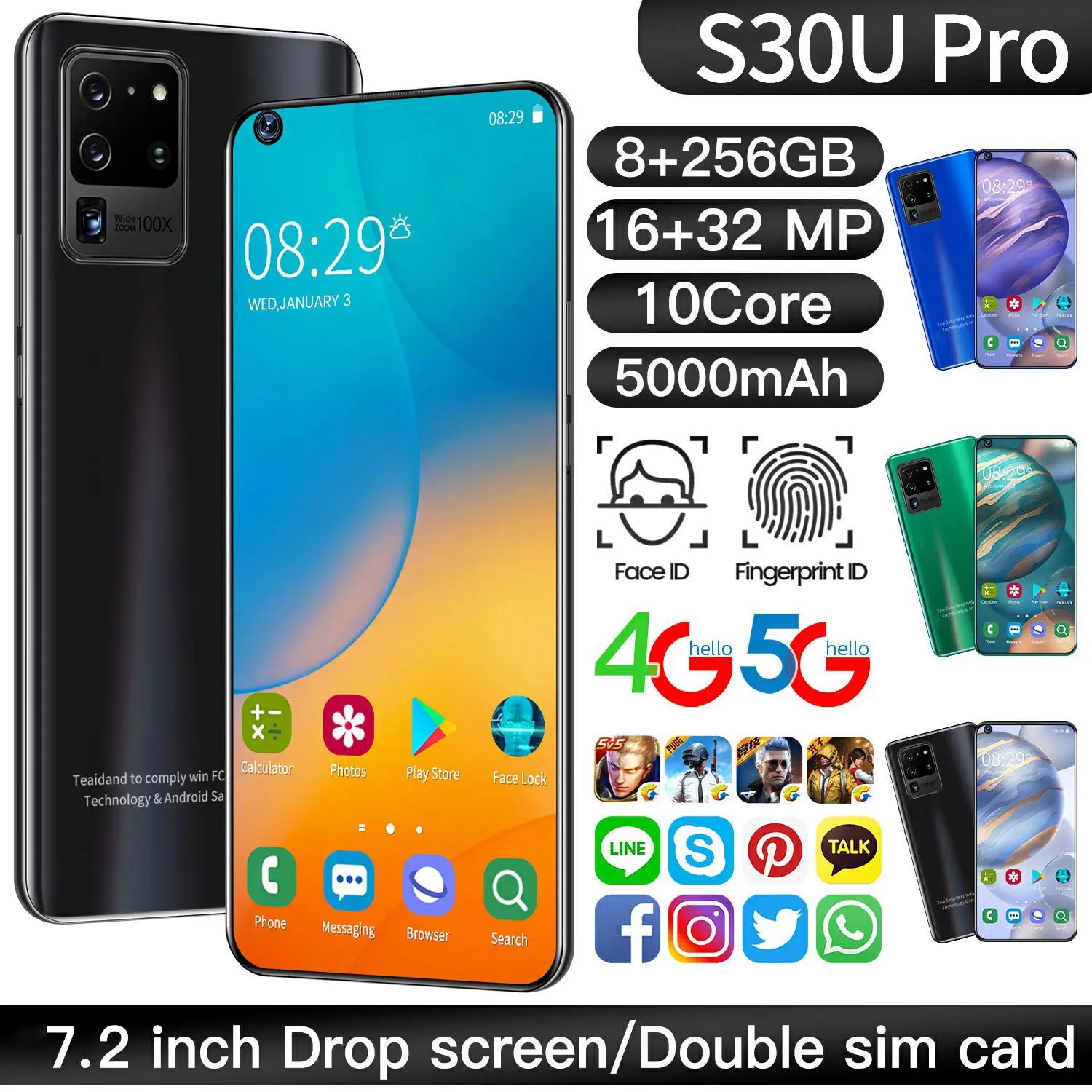

Android 10 system Global Version Phone S30U Pro 8GB 256GB Big screen 7.2 Inch Unlocked smartphone 10 Core 5000mAh Best Selling