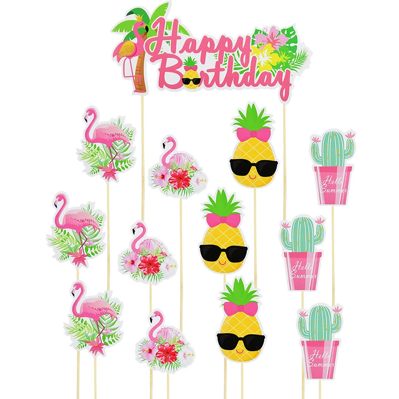 

13Pcs/Set Happy Birthday Flamingo Pineapple Cactus Cake Toppers Paper Cupcake Topper For Tropical Hawaii Summer Party Supplies